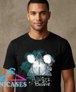 Disney meets Harry Potter magic mashup design tee, black cotton graphic t-shirt, whimsical fantasy crossover design, unisex short sleeve shirt, sizes S to 2XL, Inicases apparel
