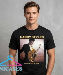 Iconic Harry Styles guitar poster live on tour 2018 tee, black cotton graphic t-shirt, vintage concert inspired design, unisex short sleeve shirt, sizes S to 2XL, Inicases apparel