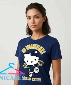 Michigan Hello Kitty Cheer Graphic T Shirt featuring cute sports inspired artwork on soft cotton fabric, collegiate fan apparel, playful graphic tee, casual everyday streetwear fashion.