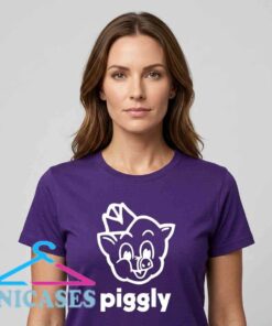 Vintage Piggly Wiggly Purple Graphic T Shirt featuring front and back retro logo artwork on soft cotton fabric, nostalgic apparel, classic graphic tee, casual everyday streetwear.