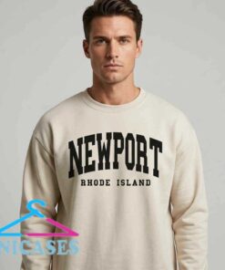 Retro Newport Rhode Island white varsity block letter sweatshirt featuring vintage collegiate typography on soft cotton apparel, classic New England graphic clothing for casual everyday fashion.
