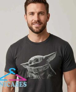 Star Wars Grogu Greyscale Portrait Baby Yoda Black Tee featuring a detailed monochrome Grogu graphic on a soft cotton shirt. Perfect for Star Wars fans, sci fi apparel lovers, and everyday casual wear.