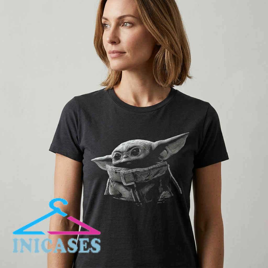 Star Wars Grogu Greyscale Portrait Baby Yoda Black Tee Star Wars Grogu Greyscale Portrait Baby Yoda Black Tee - Image 2
