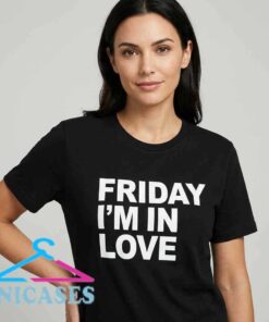 Friday I'm In Love Heart Graphic T Shirt featuring romantic heart typography on soft cotton fabric, music inspired apparel, casual graphic tee, trendy everyday streetwear fashion.