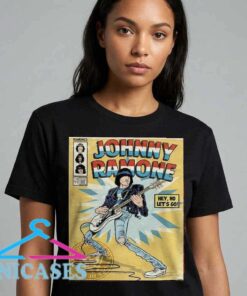Vintage comic style Johnny Ramone guitar graphic tee, black cotton graphic t-shirt, punk rock inspired comic art design, unisex short sleeve shirt, sizes S to 2XL, Inicases apparel