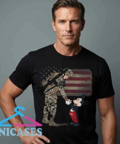 American soldier shaking hands with Mickey Mouse graphic T-shirt featuring a humorous pop culture design, cotton fabric, short sleeves, and casual streetwear style.