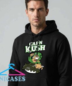 Cap'n Kush funny weed parody hoodie with playful cannabis-inspired graphic design, cotton fabric, black and white color options, and casual streetwear style.