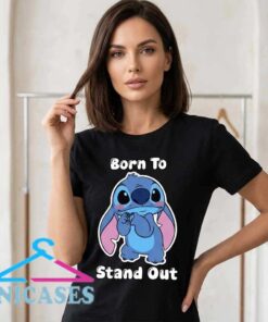 Cute Stitch making a hand heart graphic T-shirt with playful character artwork, cotton short sleeves, and casual style for Stitch fans, character lovers, vacations, and everyday outfits.