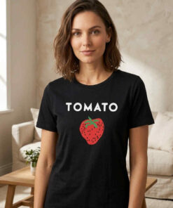 Funny Strawberry Tomato Shirt with playful strawberry tomato graphic, cotton short sleeve tee, cute food-themed design for casual outfits, available in black, white, and other colors.