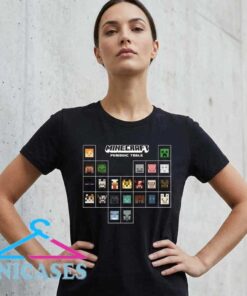homepage Retro Minecraft characters graphic T-shirt featuring a periodic table-inspired grid, pixel art design, black cotton fabric, and nostalgic gaming streetwear style.