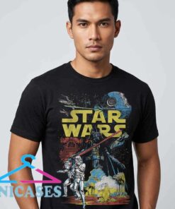 Retro Star Wars Galactic battle graphic tee featuring a vintage-inspired space design, cotton material, short sleeve style, and black, white, plus other color options.