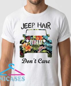 Tropical Jeep Hair Don't Care graphic cotton shirt featuring a fun tropical design for Jeep lovers, road trips, outdoor adventures, vacations, and casual summer outfits.