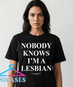 Vintage Nobody Knows I'm a Lesbian Pride graphic shirt with retro typography on soft cotton. Funny LGBTQ+ pride apparel for everyday casual wear, community events, and inclusive fashion.