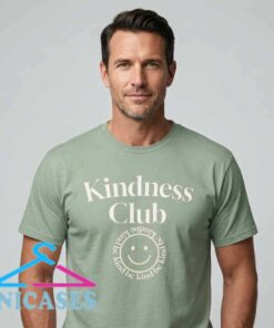 Kindness Club Smiley sage green tee shirt, positive message graphic top, aesthetic smiley face apparel, cotton short sleeve shirt for casual outfits and everyday streetwear