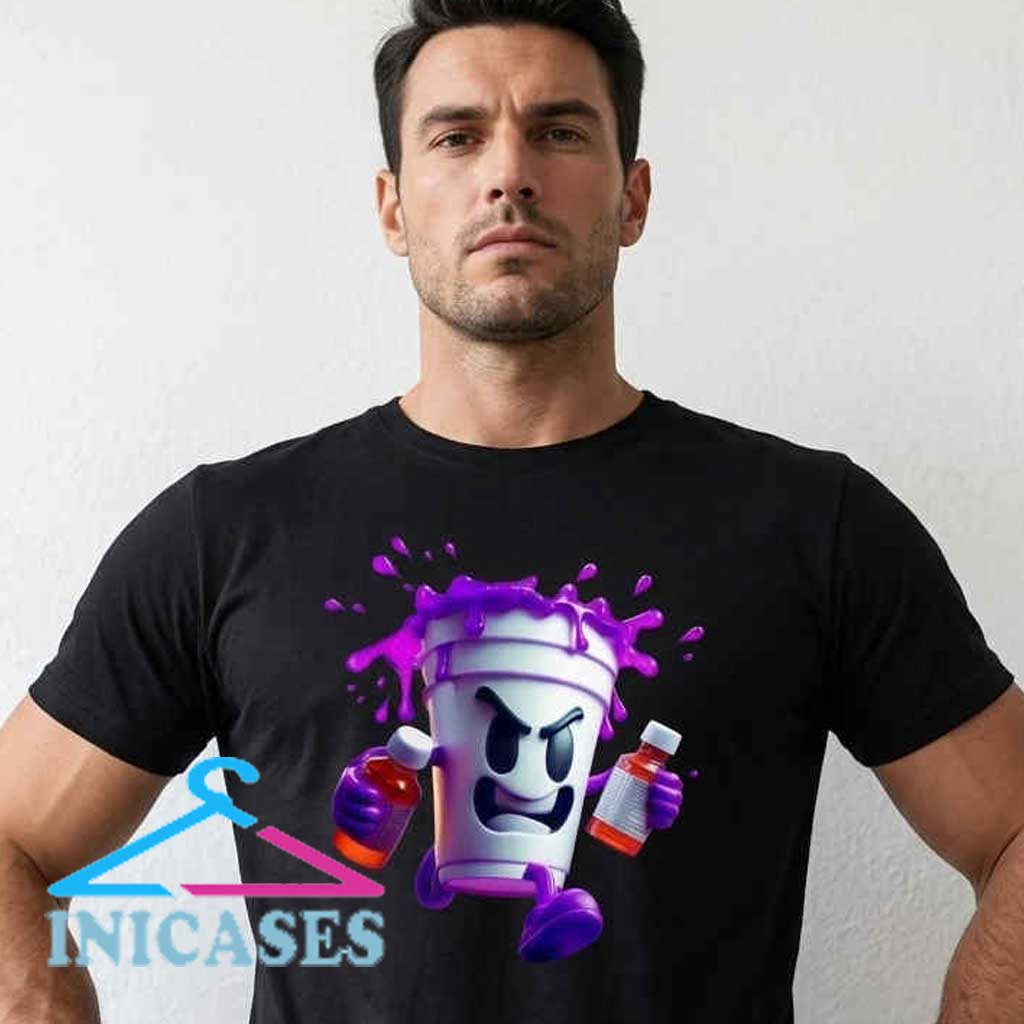 Angry Lean Cup Art with Medicine Bottles Purple Drank shirt with bold hip hop typography, pop culture slang graphic tee, streetwear aesthetic design, music inspired fashion apparel, unisex casual wear