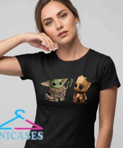 Baby Yoda Baby Groot Are Friends T Shirt with cute crossover illustration, fun pop culture graphic tee, soft cotton shirt for fans of sci fi and superhero characters