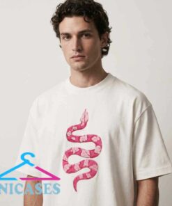 Pink floral snake graphic tee shirt with a detailed snake pattern, floral artwork, cotton fabric, short sleeves, and versatile streetwear styling.