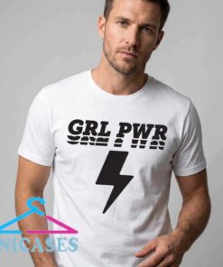 Grl Pwr lightning feminist empowerment graphic T-shirt in cotton, featuring bold girl power artwork for women, activists, and supporters of equality and confidence.