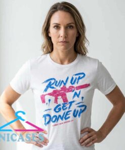 homepage Men's Run Up 'N Get Done Up graphic cotton T-shirt with bold streetwear lettering, casual short sleeve design, unisex-inspired style, and versatile everyday appeal in black or white.