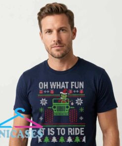 Oh What Fun It Is To Ride Jeep Christmas graphic T-shirt featuring festive automotive artwork, off-road Jeep style, cotton short sleeve tee for outdoor adventure fans
