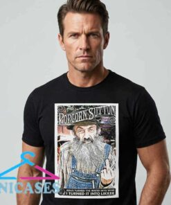 Popcorn Sutton Moonshine graphic T-shirt featuring vintage Appalachian artwork, Southern Americana style, retro country design, cotton casual apparel, and nostalgic moonshine culture inspired fashion.