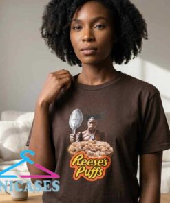 Travis Scott Reese's Puffs shirt, brown cereal promo graphic tee, hip hop inspired streetwear, cotton short sleeve shirt for music and cereal fans