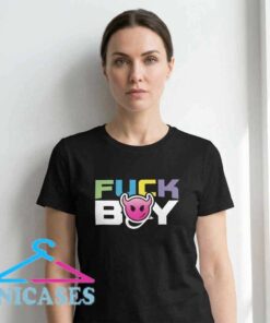 Black Fuck Boy graphic tee with pink devil artwork, edgy streetwear T-shirt design, bold urban fashion, cotton casual shirt, rebellious graphic apparel, and expressive everyday style.