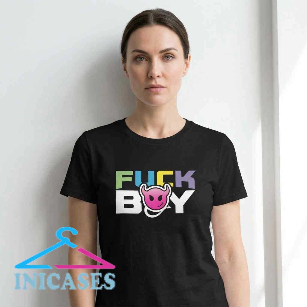 Trendy Black Fuck Boy Tee with Pink Devil Black Fuck Boy graphic tee with pink devil artwork, edgy streetwear T-shirt design, bold urban fashion, cotton casual shirt, rebellious graphic apparel, and expressive everyday style.