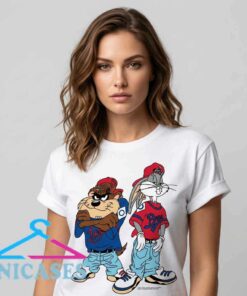 Vintage 90s Looney Bugs & Taz Hip Hop graphic T-shirt featuring Bugs Bunny and Taz, retro cartoon artwork, cotton short sleeve streetwear, nostalgic 90s fashion, and casual urban style.