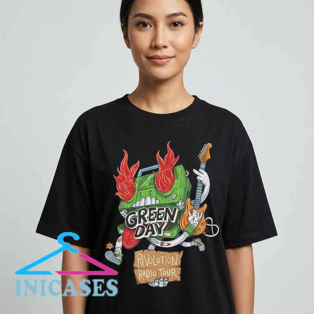 Vintage Green Day Flaming Boombox Tour Shirt Green Day Revolution Radio shirt featuring punk rock band album artwork style, alternative rock music graphic tee, concert merch inspired design, 2016 album fan apparel
