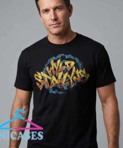 Wyld Stallyns shirt featuring iconic Bill and Ted band logo style, 80s cult movie reference graphic tee, time travel comedy film design, retro pop culture apparel
