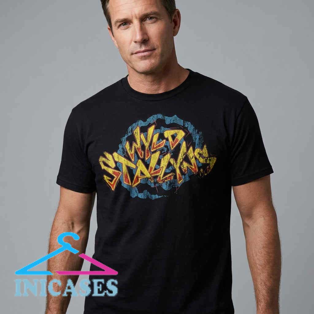 Vintage Wyld Stallyns Logo Black T-Shirt Wyld Stallyns shirt featuring iconic Bill and Ted band logo style, 80s cult movie reference graphic tee, time travel comedy film design, retro pop culture apparel